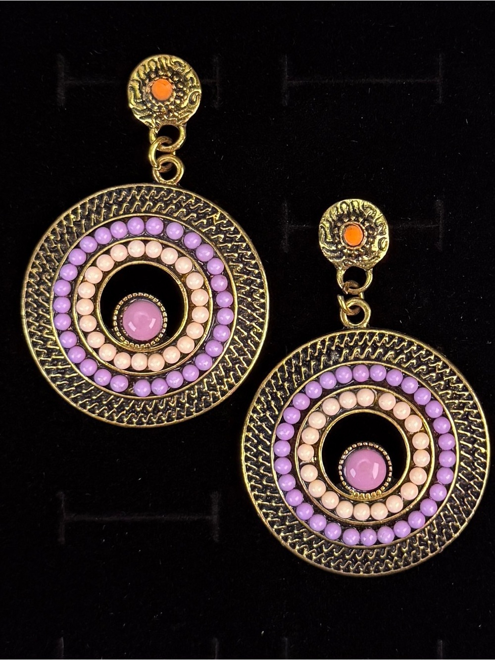 Elegant Goldtone and Purple Dangle Pierced Earrings